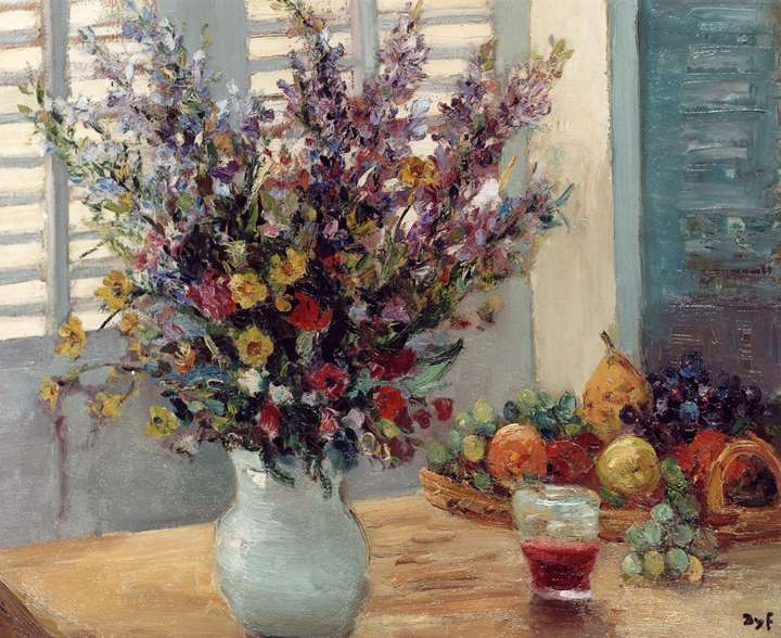 A Vase of Flowers & Fruit on a Table